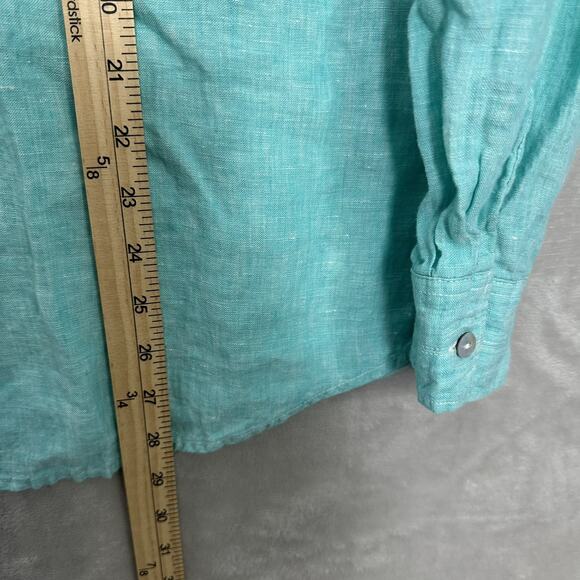 Foxcroft Linen Button Up Shirt Turquoise Preppy Coastal Beach Women’s Size 14 - Picture 5 of 10